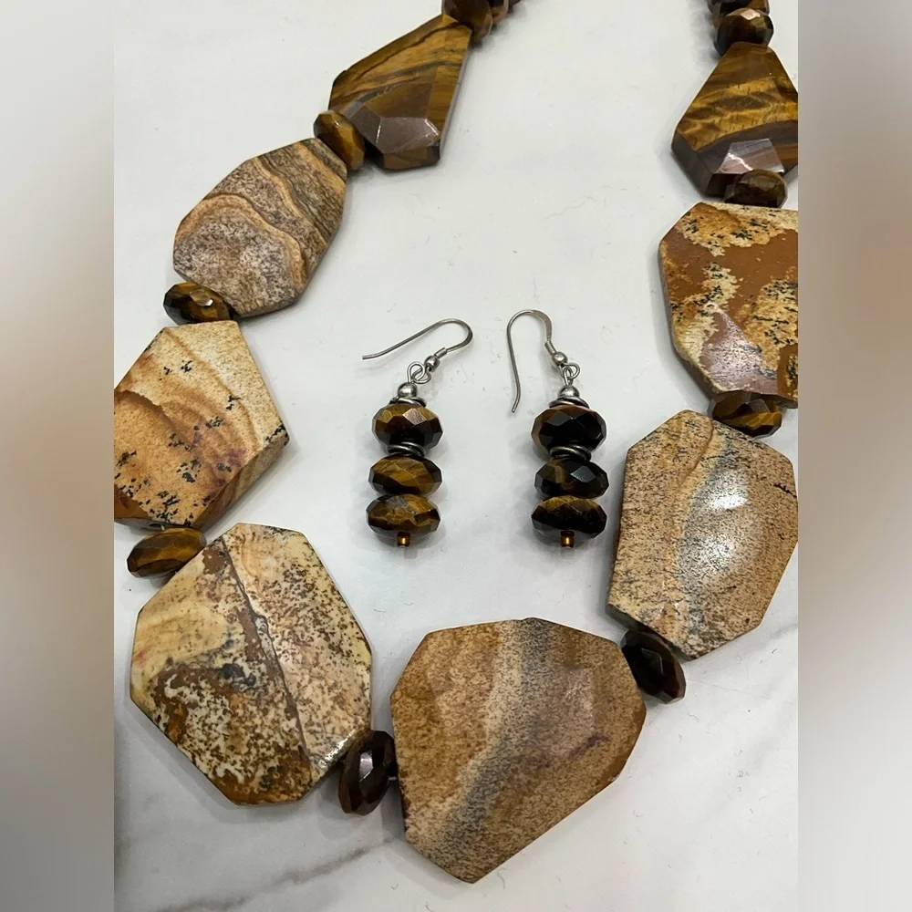 Natural Stone & Tiger Eye 3 pc Statement Beaded Necklace Earrings Bracelet Brown